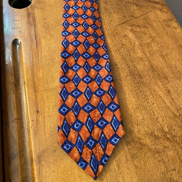 Conte di Milano Mens Geometric Silk Tie Necktie Rust Blue 58” - Picture 3 of 6